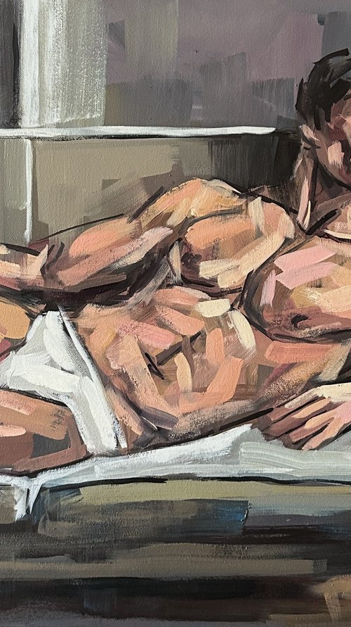 Man lying down, male nude figure painting by Emmanouil Nanouris