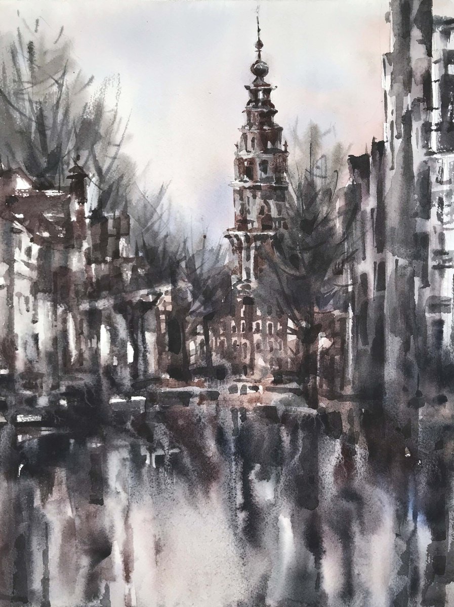Expressive Cityscapes Watercolour By Galina Poloz, 11 X 15, Channel. Amsterdam., Original Artwork