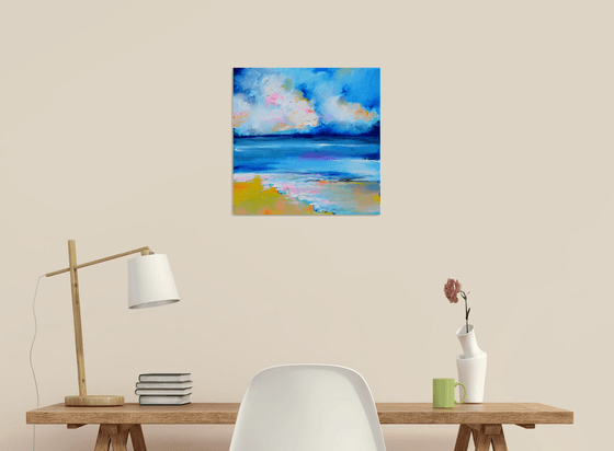 New Horizon 164 - 40x40 cm, Colourful Seascape, Sunset Painting, Impressionistic Colorful Painting, Large Modern Ready to Hang Abstract Landscape, Pink Sunset, Sunrise, Ocean Shore