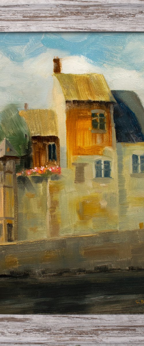 Honfleur harbour France, old buildings framed impressionist by Gav Banns