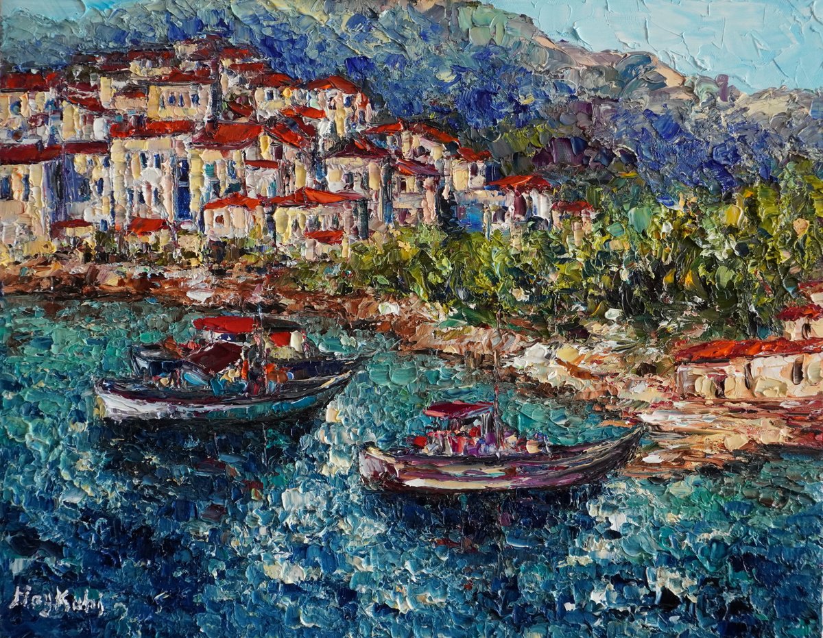 Impressionistic Landscape Oil Painting By Haykuhi Khachatryan, 20 X 16, Seaside Town, Original Artwork