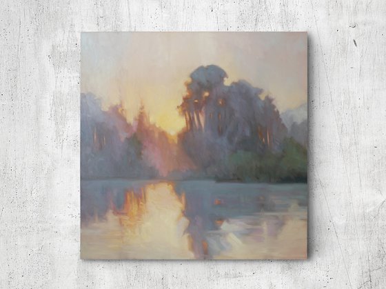"Evening fog" River gray orange oil landscape