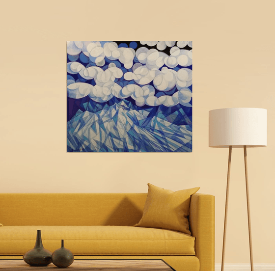 Winter evening (90x80cm, cubism, oil painting, ready to hang)