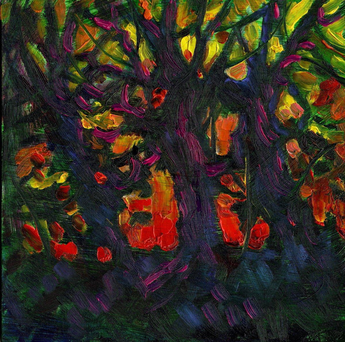 Impressionistic Landscape Oil Painting By Mary Kemp, 8 X 8", Bats Fly Here, Original Artwork