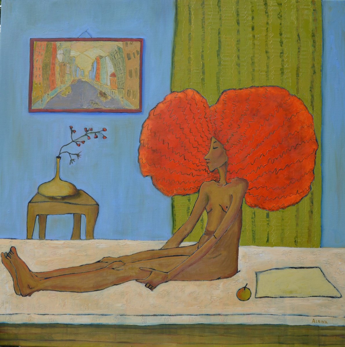 Surrealistic Portrait Oil Painting By Albina Urbanek, 35 X 35, Apple For Breakfast, Original Artwork