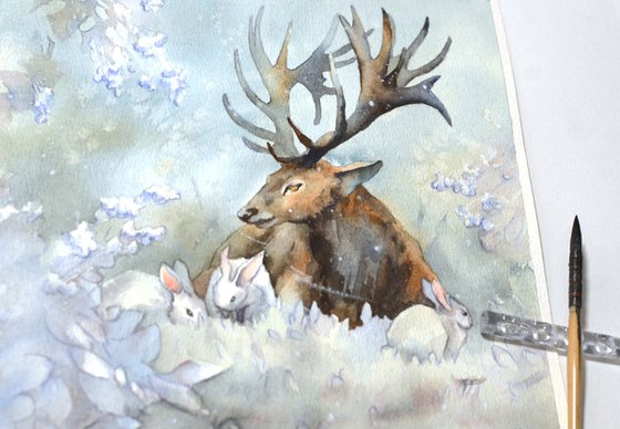 Deer and rabbits, Snow company in Christmas forest