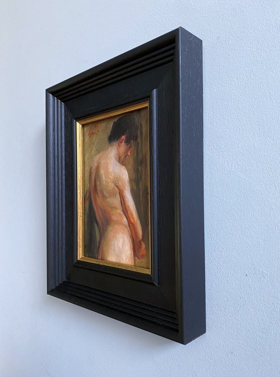 Old Master style male nude figure oil painting, with wooden frame.