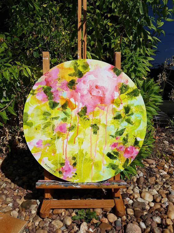 Floral poetry n°1 - acrylic painting on round canvas - home decor flowers pink and green decorative artwork shabby chic style modern contemporary art dripping