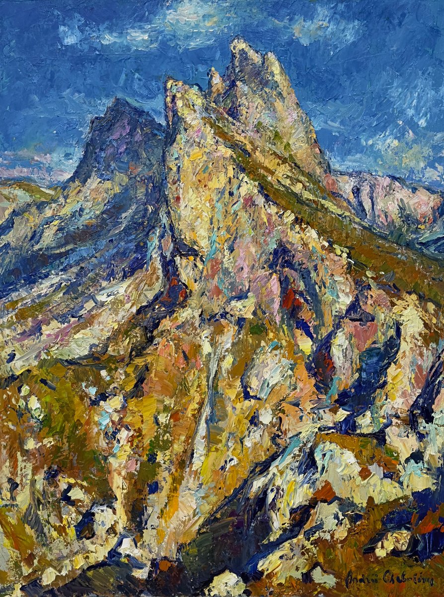 Impressionistic Landscape Oil Painting By Andrii Chebotaru, 24 X 31, Shards Of Sky. Dolomites, Original Artwork