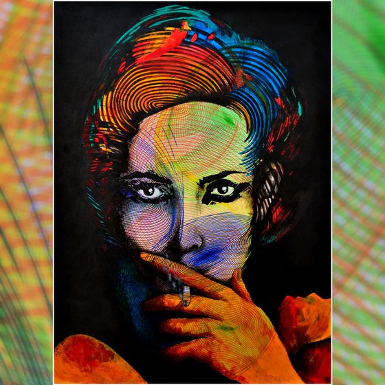 Smoking Girl - Vibrations Mixed Media Original Modern Portrait Art Painting