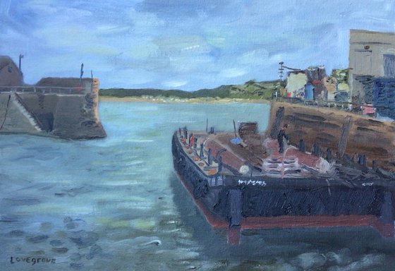 Barge in Penzance harbour, oil painting.