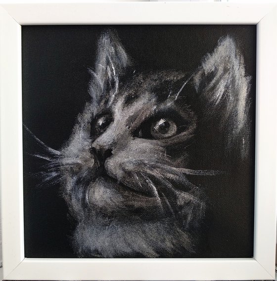 Little cat Black and Silver Monochrome art Framed and Ready to hang