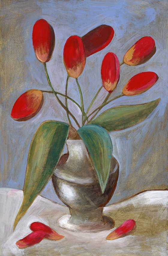 Seven Red Tulips In A Vase