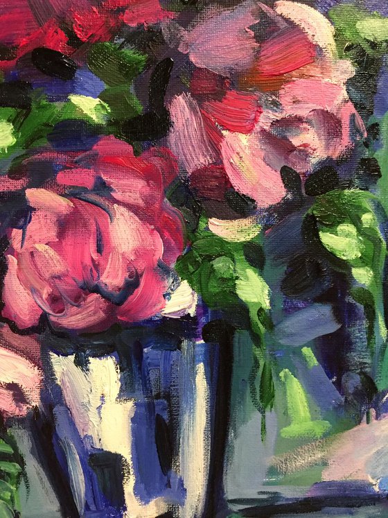 "Peonies in blue vase"