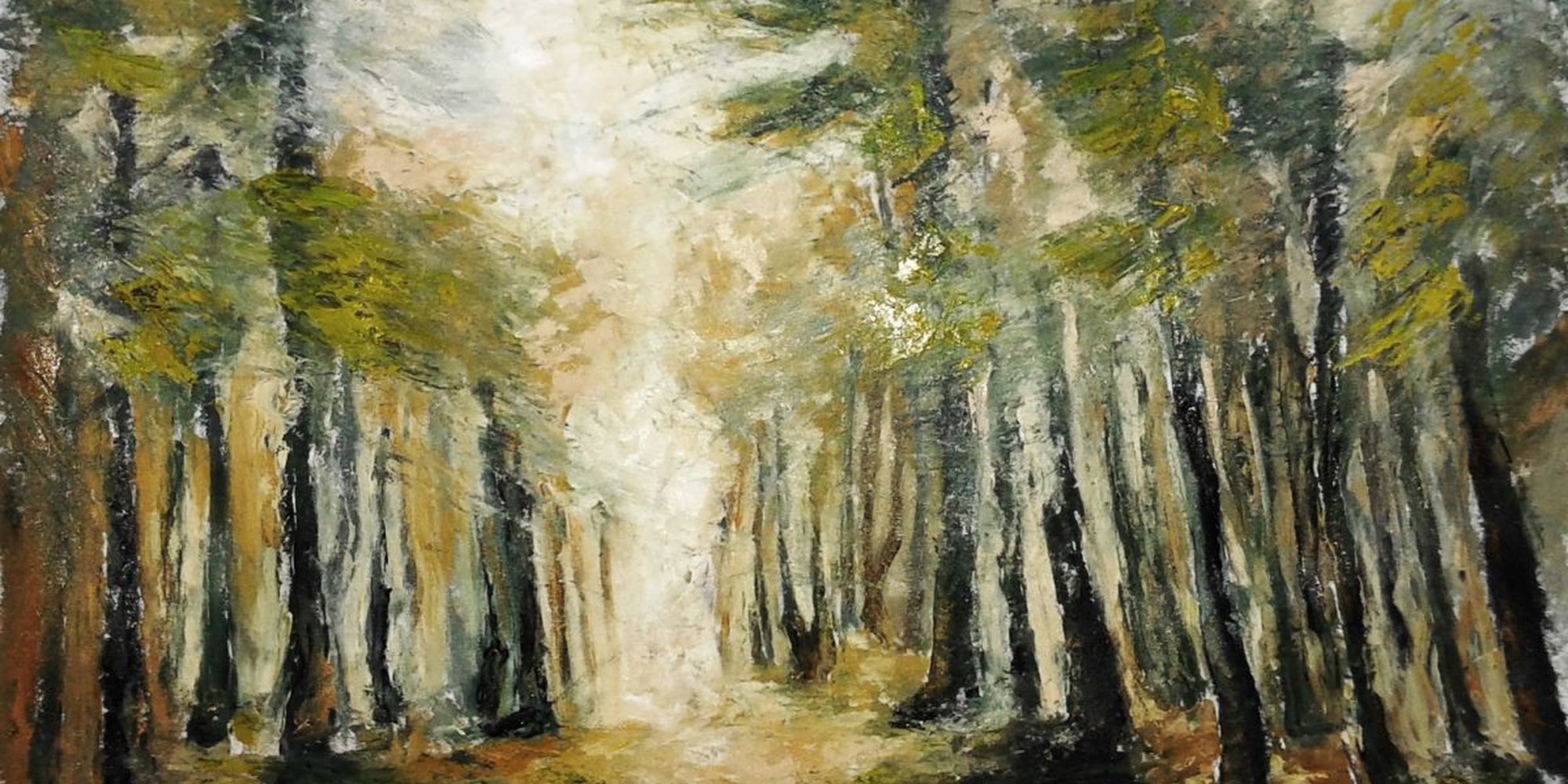 Art of the Day: "Forest Song, pine trees forest path oil landscape painting, 2015" by Emilia Milcheva