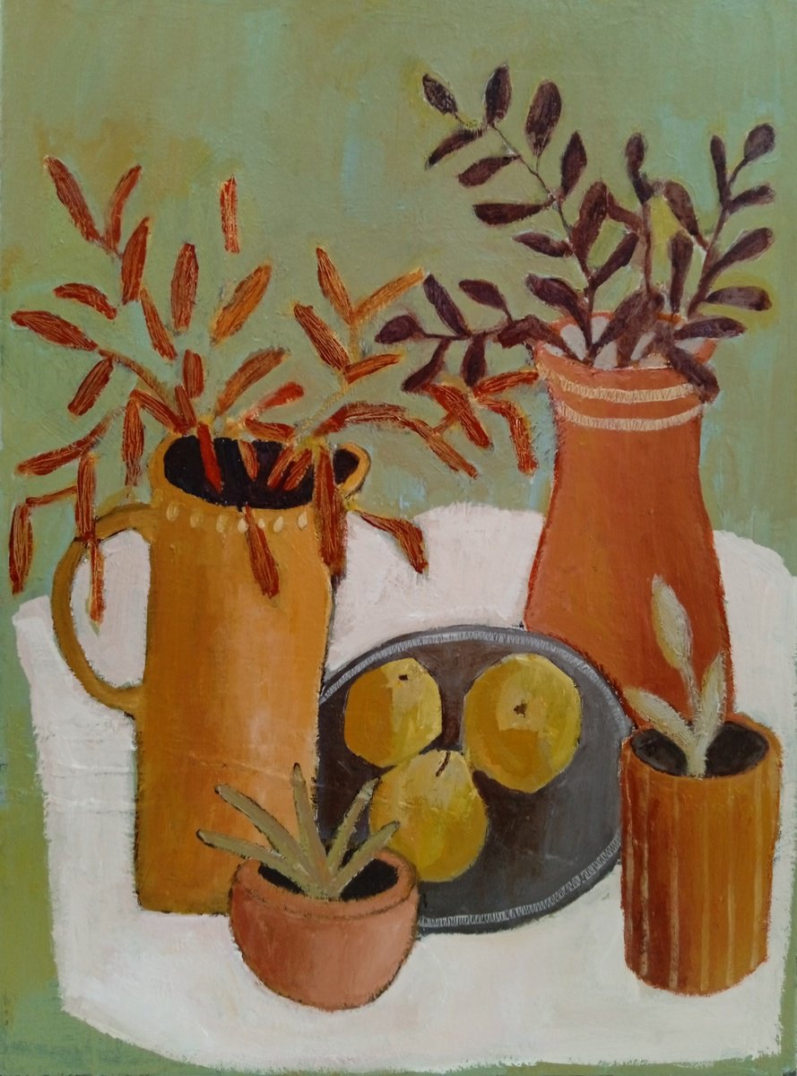 Naive Still Life Acrylic Painting By Fiona Philipps, 18 X 24, Green Apples, Original Artwork