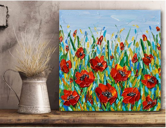 Poppies Meadow- Original Impasto Floral Painting, Palette Knife Textured Wall Art Canvas