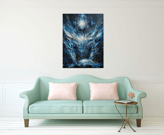 Large XXL enigmatic metaphysical dark blue abstract angel composition by master KLOSKA