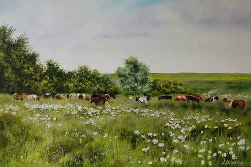 Cows in a Meadows, Pastoral Landscape by Natalia Shaykina