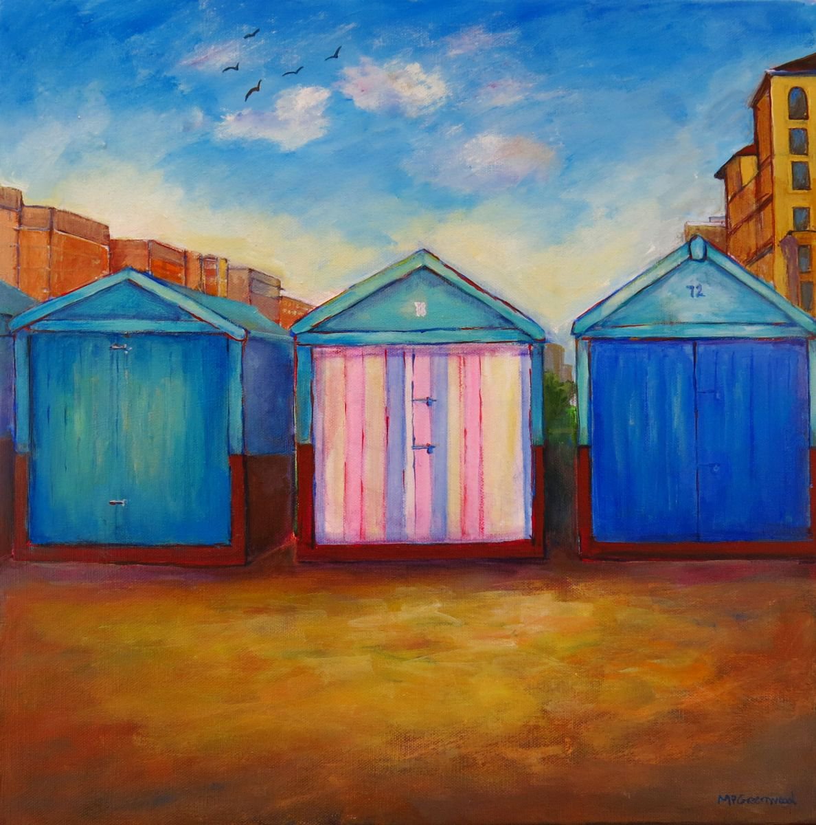 Three Brighton Beach Huts (Hove End) by Maureen Greenwood