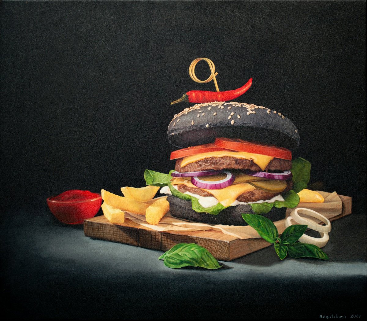 Photorealistic Still Life Acrylic Painting By Nataliya Bagatskaya, 31 X 28", Just Cheeseburger..., Original Artwork