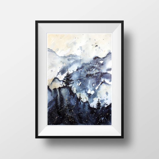 Mountain painting / Original watercolor / large wall art 16 by 23"