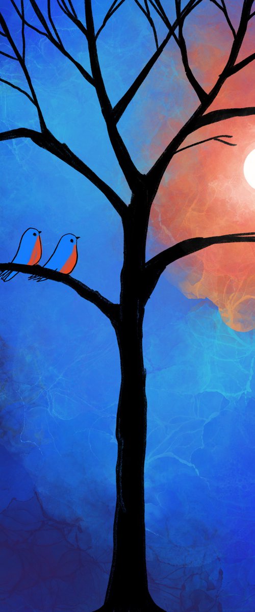 The Bluebirds , cute lovebird tree artwork by Stuart Wright