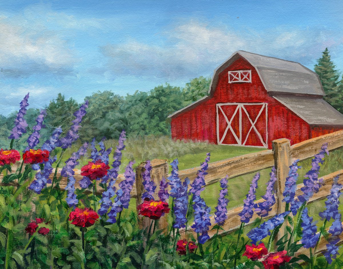 Photorealistic Landscape Acrylic Painting By Steph Moraca, 17 X 14", Red Barn With Spring Blooms, Original Artwork