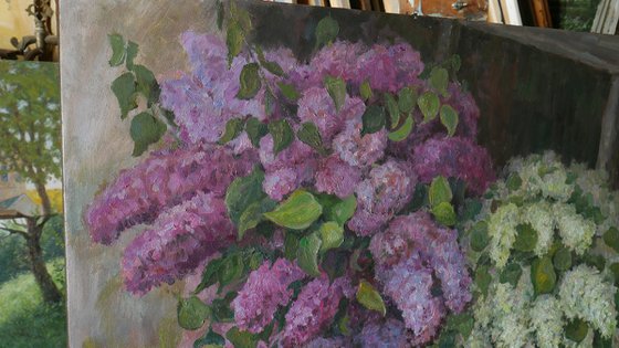 Lush Bouquets Of Lilacs On The Bench In The Garden - original floral spring oil painting on canvas