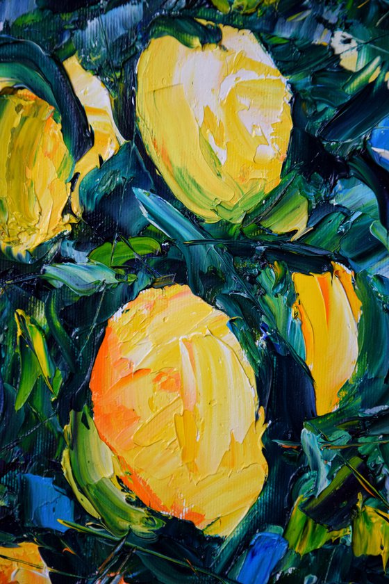 Lemons oil painting, tropical wall art, fruits canvas art, kitchen decor