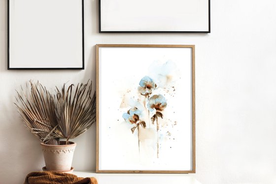 Cotton Flowers Watercolor Painting Diptych, Abstract Cotton Buds Floral Painting Set of 2