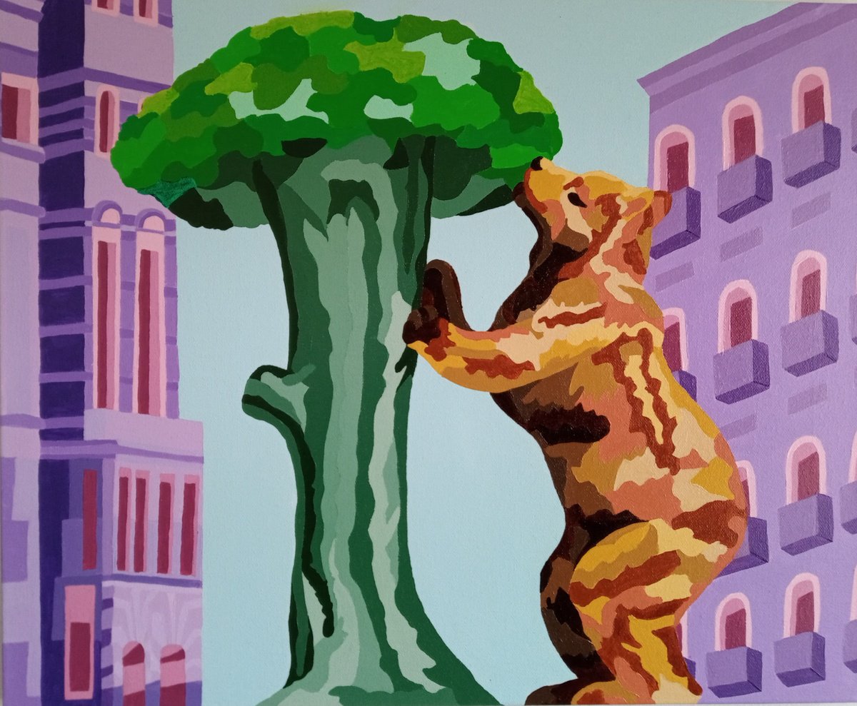 Naive Animal Acrylic Painting By Corinne Hamer, 22 X 18, Nature Versus Man, Original Artwork