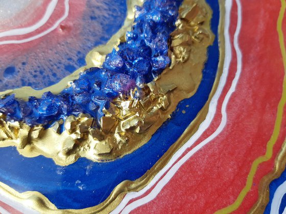 Agate geode  Gold, Coral ,Sapphire