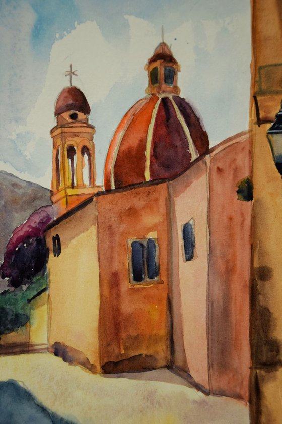 Old city cathedral original watercolor painting, Corfu Island, coastal home decor
