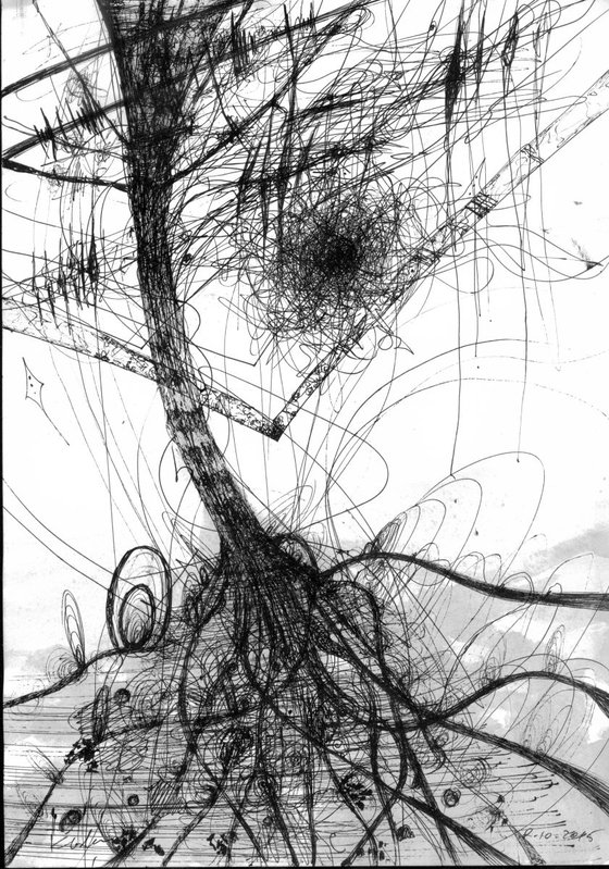 FANTASTIC SPONTANE INK DRAWING ON PAPER BY MASTER KLOSKA THE TREE SERIES SINGULARITY COSMIC LINES ENERGY