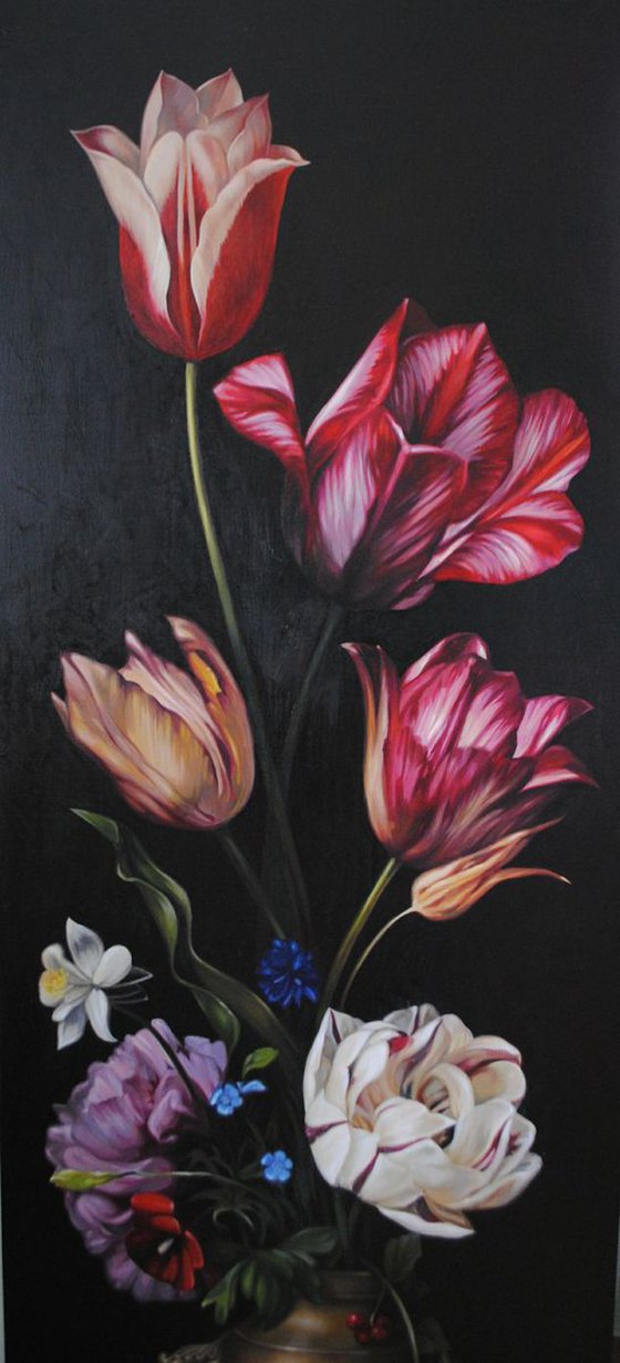 Dutch still life with flowers traditional painting, realism