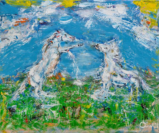 Equine art - THE WINNER TAKES IT ALL - 120 x 100 cm. | 47.24"x 39.37" - horse painting springtime by Oswin Gesselli