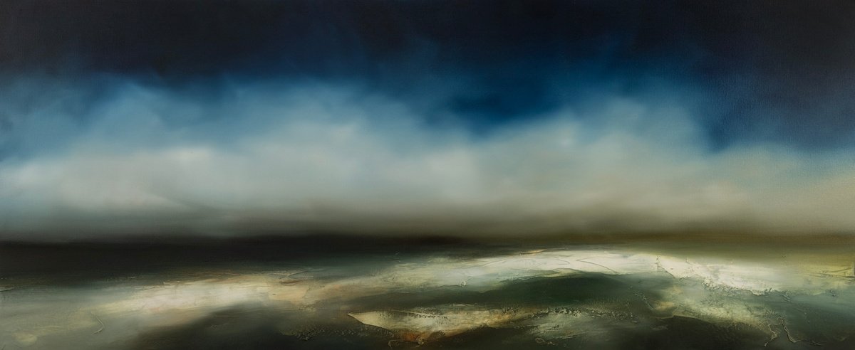 Abstract Landscape Oil Painting By Paul Bennett, 47 X 20", Solitude Blues, Original Artwork