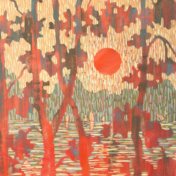 Orange Sunset over the Forest Lake