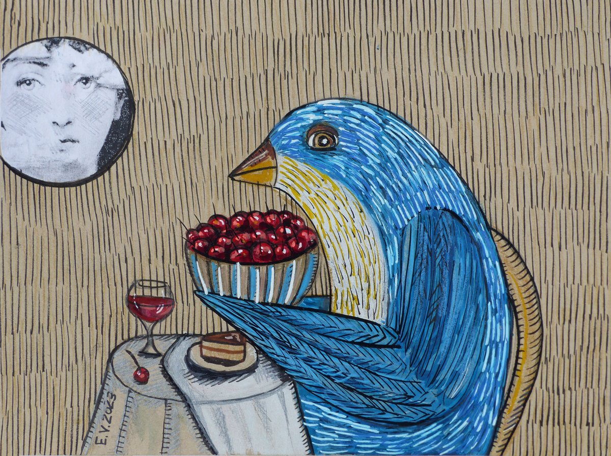 Naive Animal Painting By Elizabeth Vlasova, 12 X 9, Shocking Restaurant Portions, Original Artwork