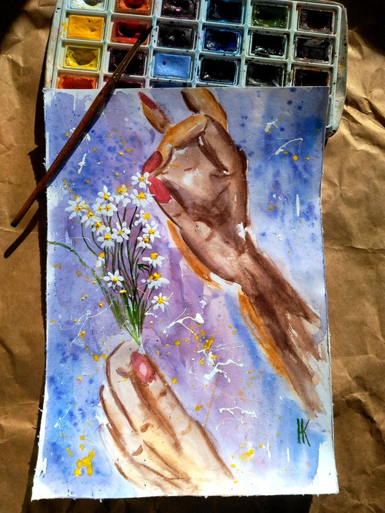 Daisy Painting Floral Original Art Hands Small Watercolor Camomile Artwork Flowers Home Wall Art 8 by 12" by Halyna Kirichenko