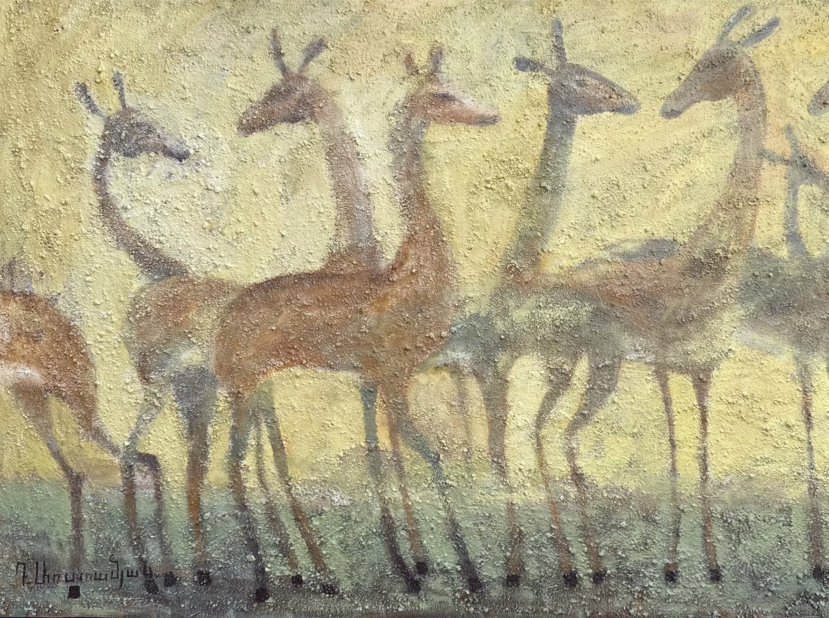 Impressionistic Animal Oil Painting By Davit Arstamyan, 39 X 28, Trepidation In The Wild, Original Artwork