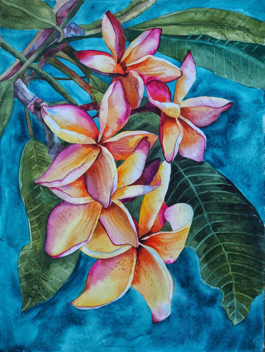 Hawaiian mood - original botanical watercolor with yellow flower by Delnara El