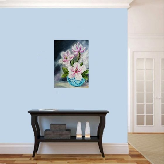 Magnolia in a vase, original flower oil painting, gift idea for her, wall decor for home