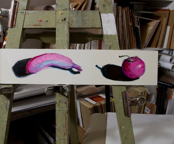 gift for food lovers: modern surrealist diptych of pink tomato and banana