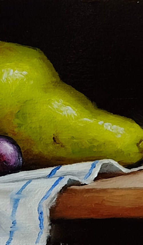 Pear on cloth still life by Jane Palmer Art