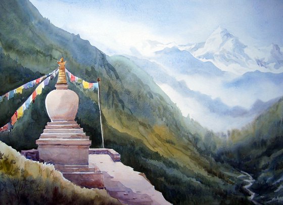 Buddhist Jung in Himalaya-Watercolor on Paper
