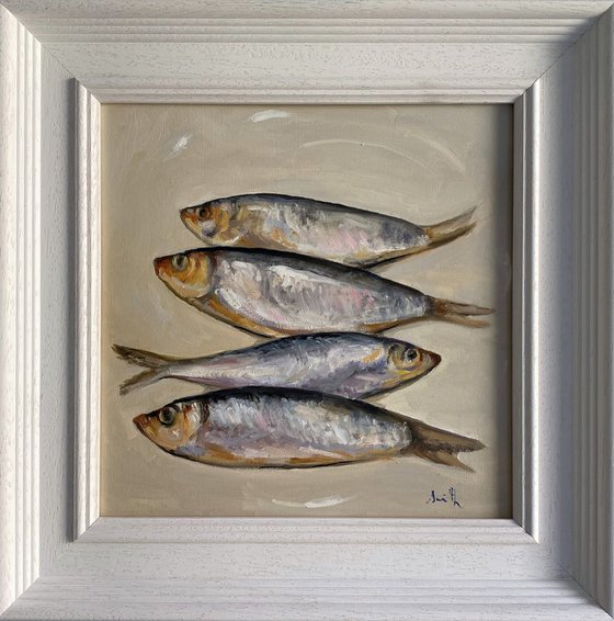 Original oil painting Framed Four Fish Still Life Contemporary Artwork