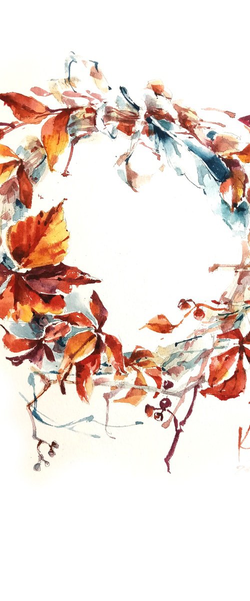 Watercolor sketch "Wreath of autumn yellow leaves" - series "Artist's Diary" by Ksenia Selianko