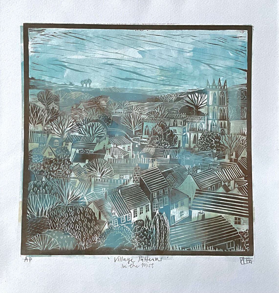 Landscape Linocut By Alison Headley, 15 X 17, Village Patterns (In The Mist), Original Artwork